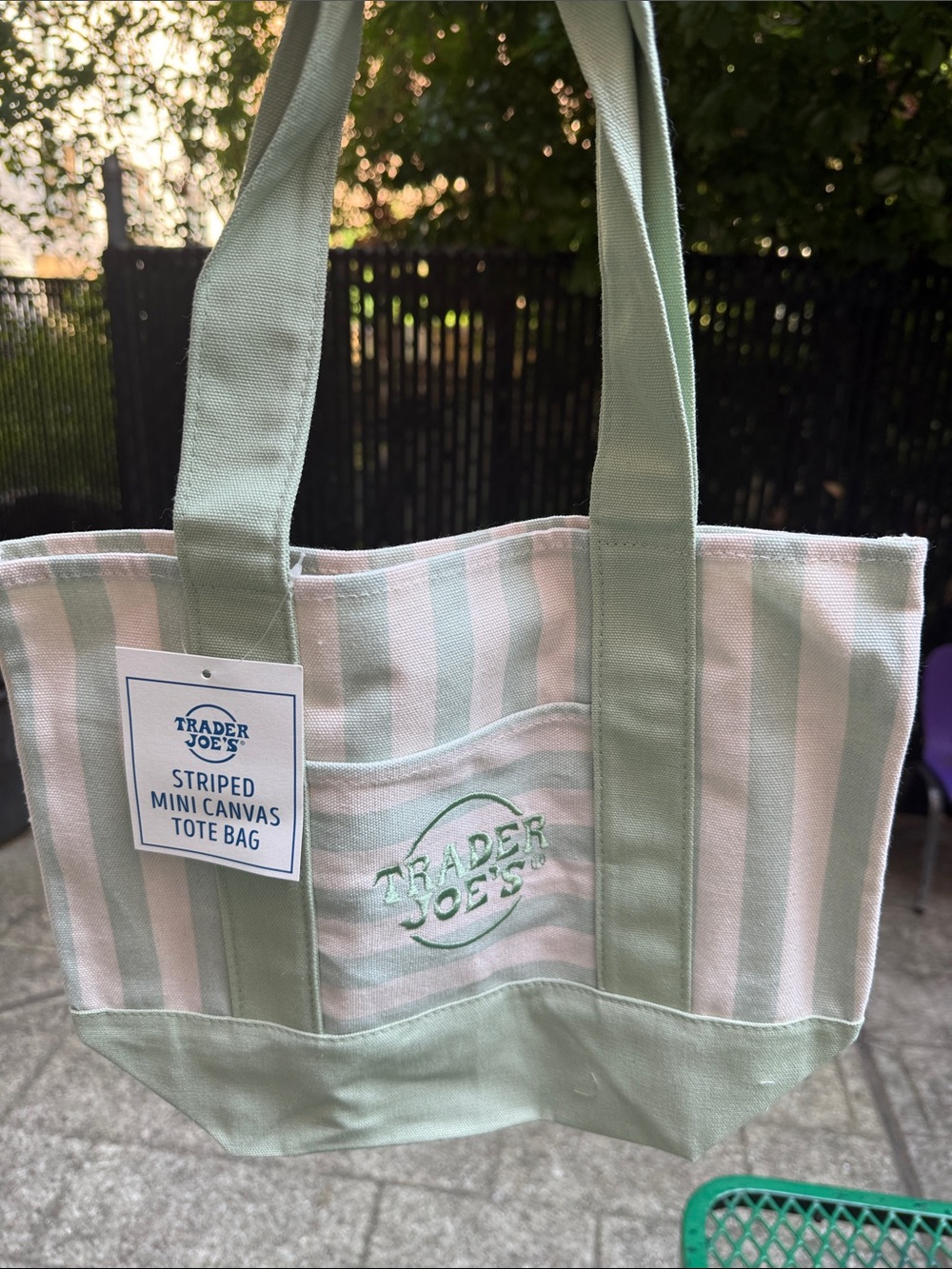 NEW Trader Joe’s Mint Green Striped Canvas Tote Bag
